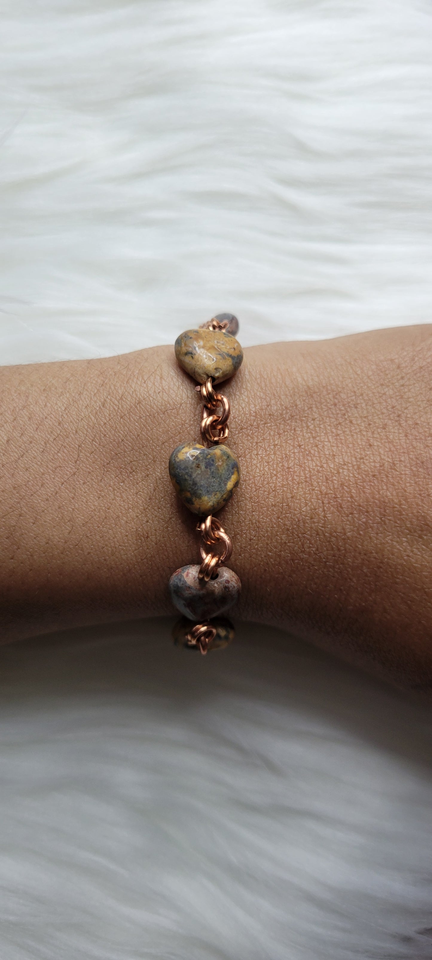 Copper Bracelet with Leopard Jasper Heart Crystals