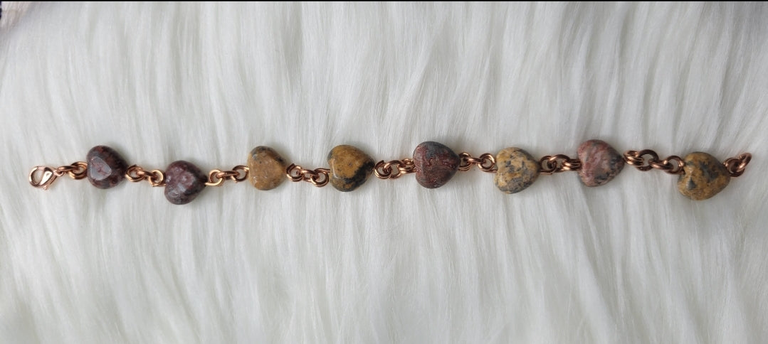 Copper Bracelet with Leopard Jasper Heart Crystals